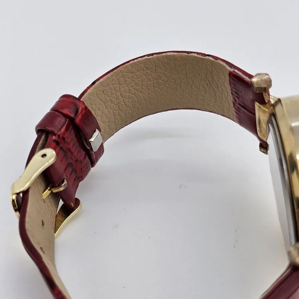Women's Watch 38MM Cream Dial Roman‎ Numerals Red Faux Leather Bands New Battery